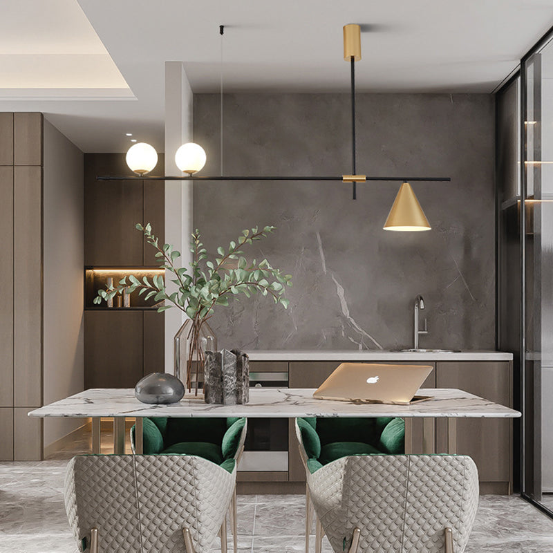 DecorBites™ Minimalist Modern Linear Chandelier with Spherical White Glass Ceiling Light Fixture
