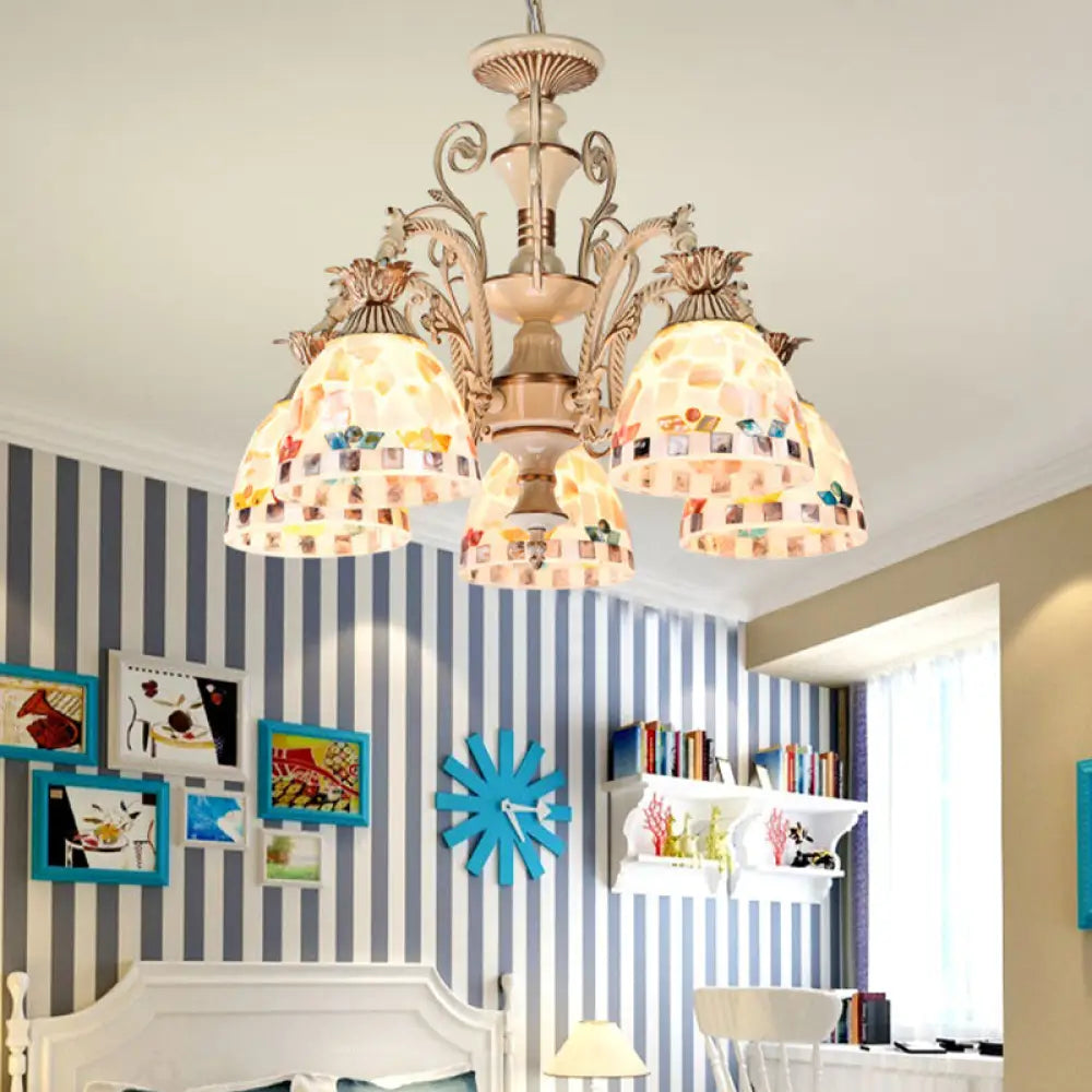 DecorBites™ 3/5 Lights Chandelier Pendant Light - White and Gold Tiffany Style Stained Glass Mosaic Hanging Lamp Kit