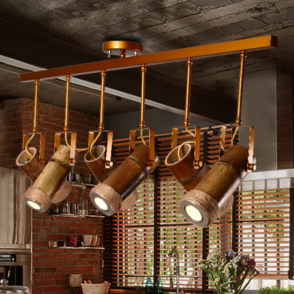 DecorBites™ 3/6 Bulbs Bamboo Tube Island Pendant - Brown Iron Suspension Lighting with Hemp Rope