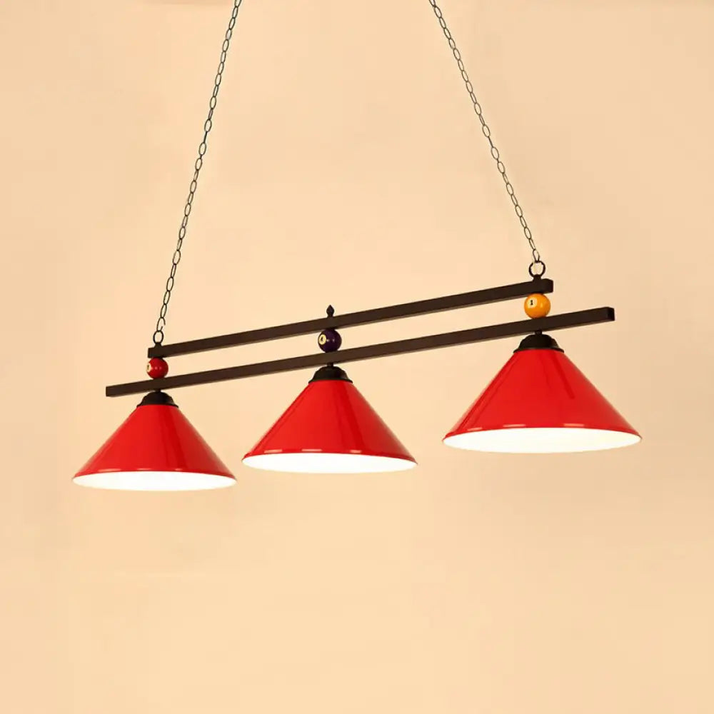 DecorBites™ 3-Head Conical Metallic Billiard Light - Indoor Island Lighting Fixture in Black/Red/Blue