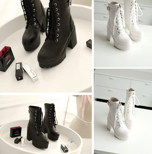 Women’s Chunky Heel PU Martin Boots – Stylish Ankle Combat Boots