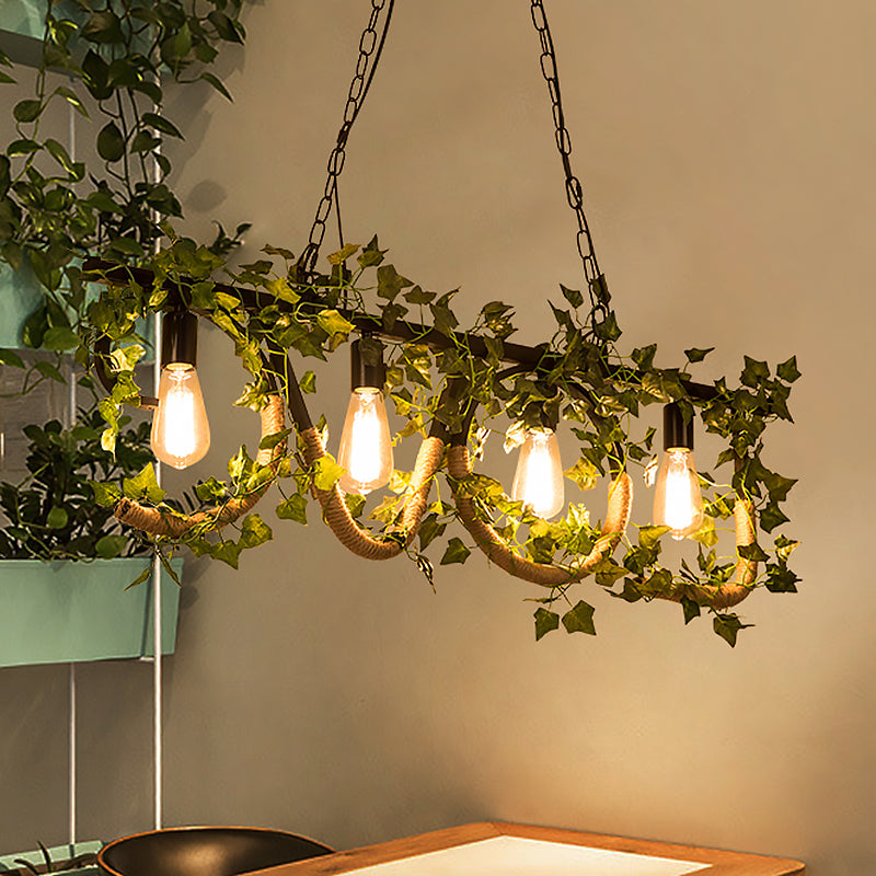 DecorBites™ Black Metal 4-Light Linear Island Lamp with Hanging Artificial Plant - Lodge Style