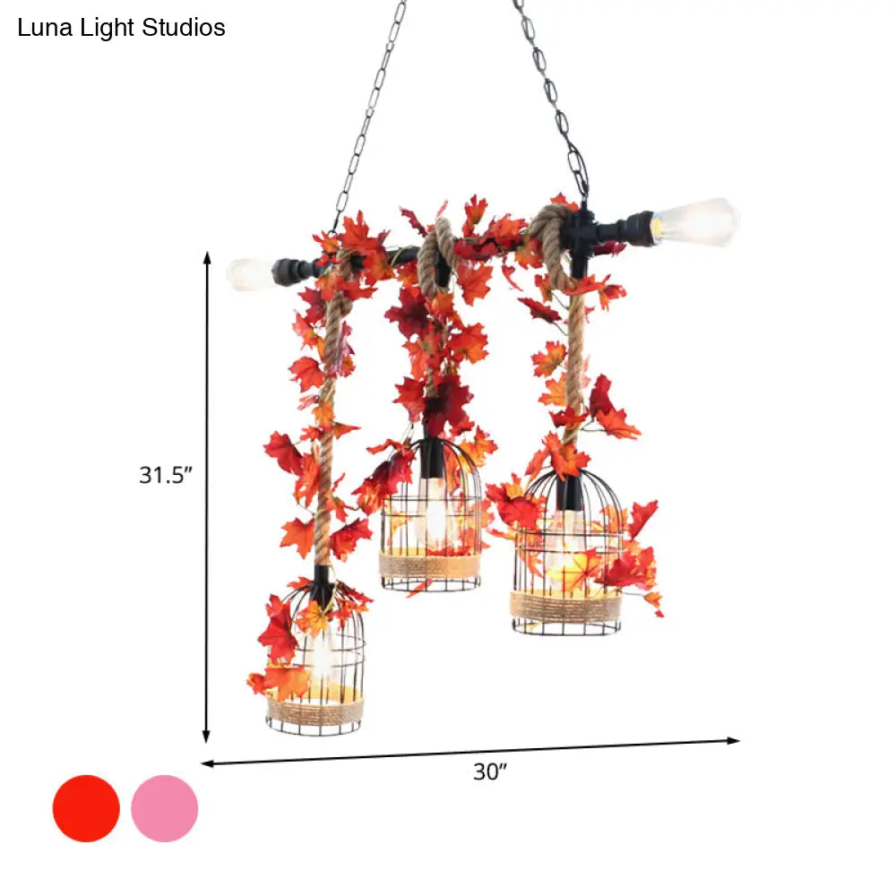 DecorBites™ 5-Head Birdcage Rope Island Light Fixture: Factory Red/Rose Red Metal Pendant Lamp with Artificial Maple Leaf/Blossom