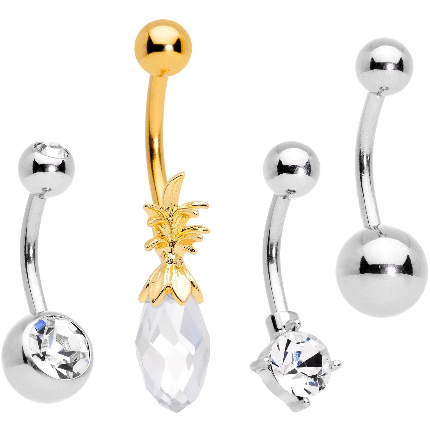 Clear Gem Gold Tone Pineapple Belly Ring Set of 4  Bonus Pack