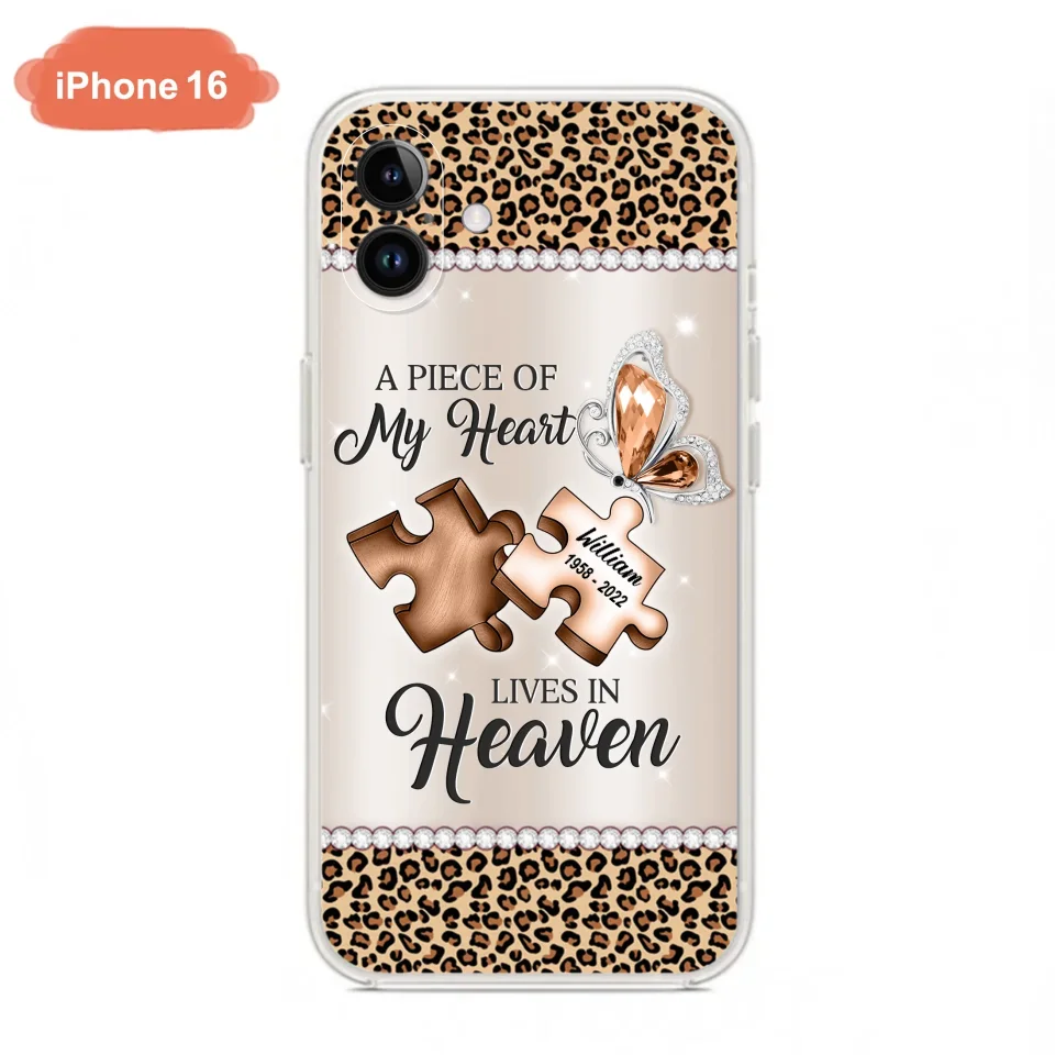 Custom Personalized Memorial Leopard Phone Case - Memorial Gift Idea for Family Member/ Father's Day/ Mother's Day - Case for iPhone/ Samsung - A Piece Of My Heart Lives In Heaven