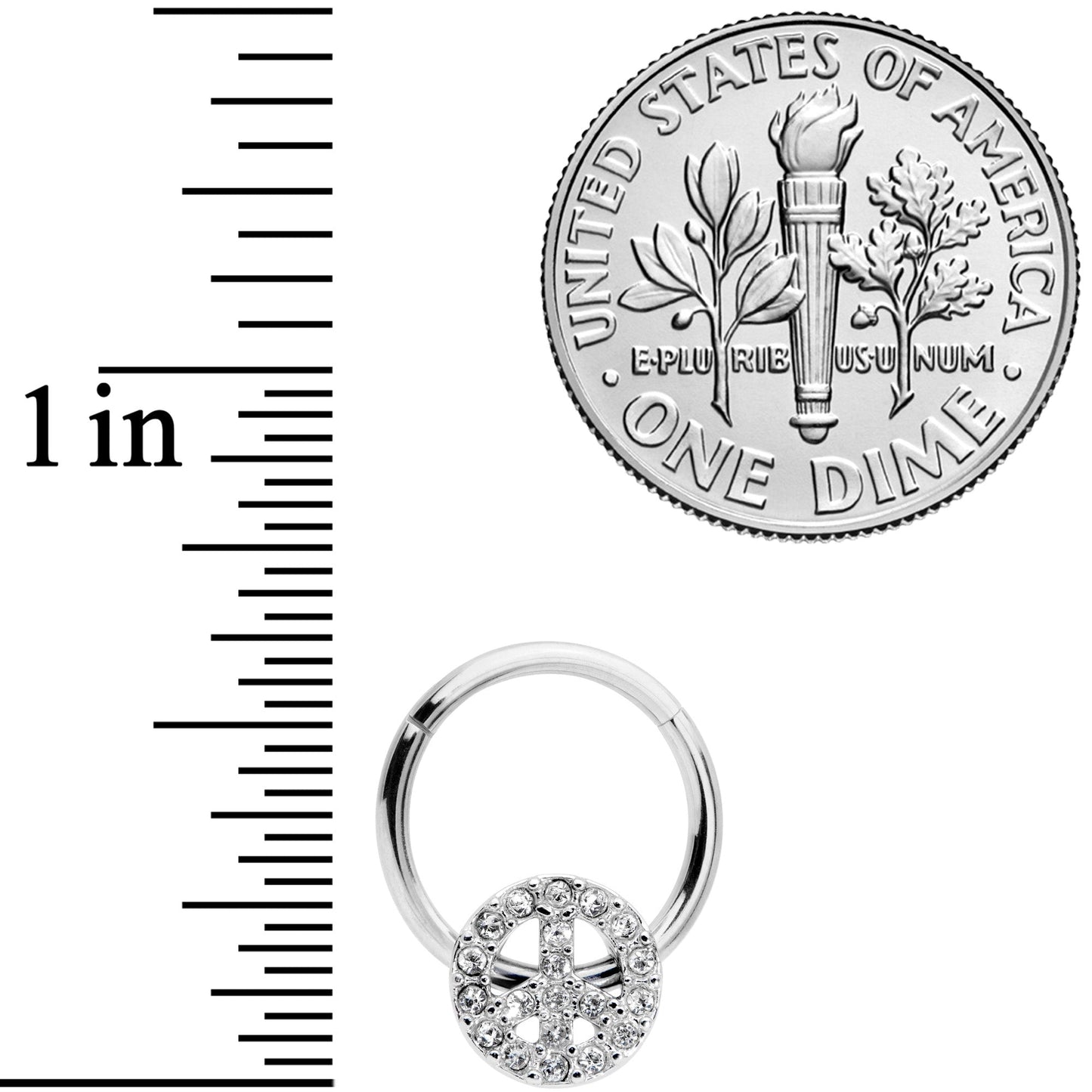 16G 3/8 Clear Gem Retro Peace Sign Hinged Segment Ring