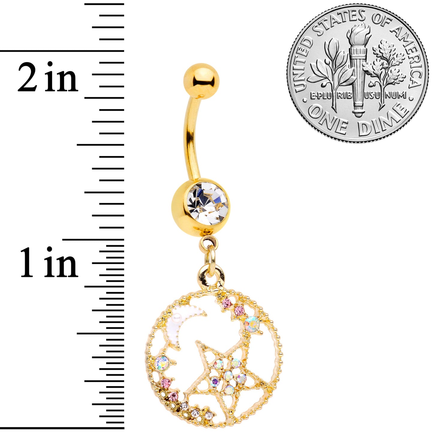 Clear Aurora Gem Gold Tone Circle Star Moon Dangle Belly Ring