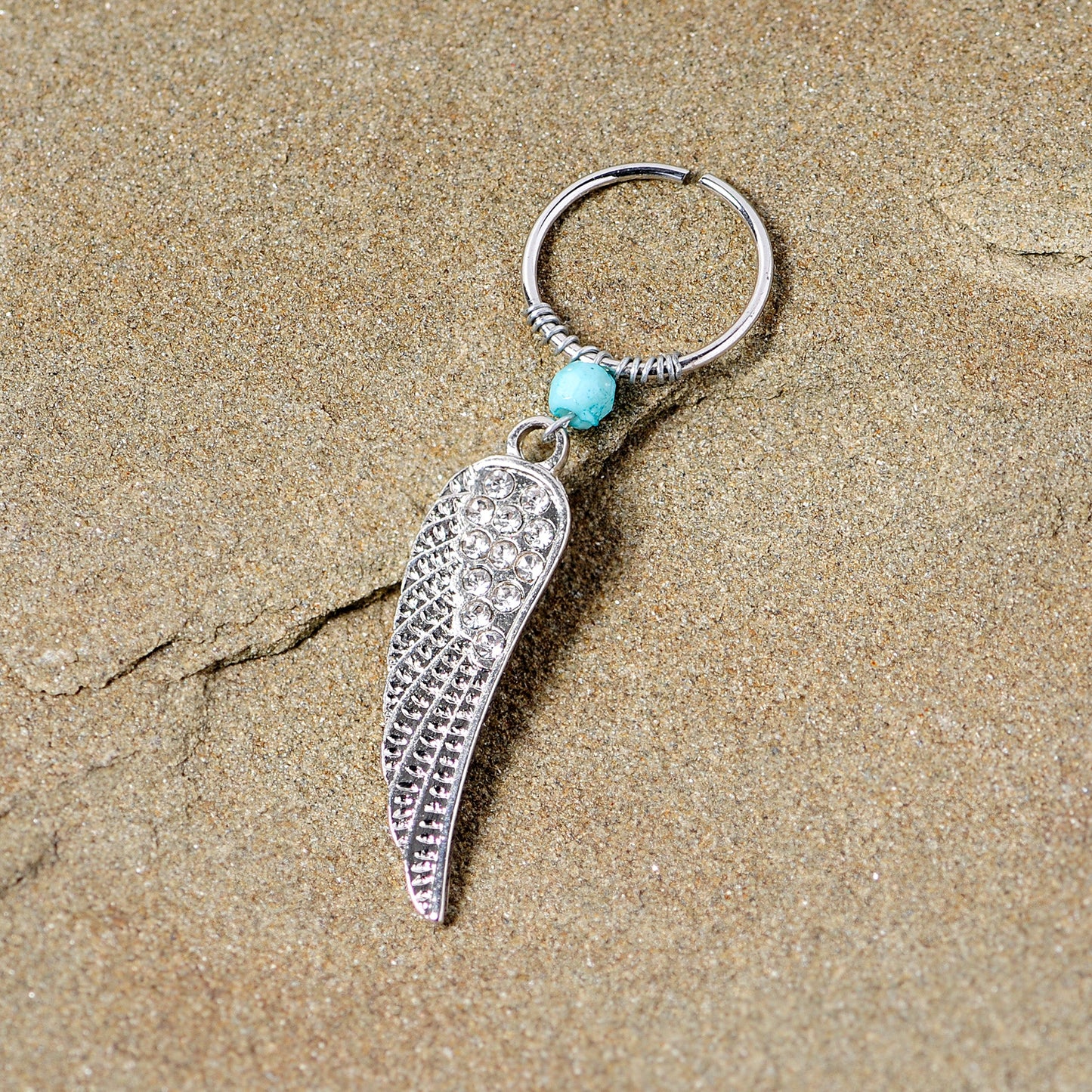 20G 3/8 Clear Gem Feather Feathered Wing Dangle Closure Ring