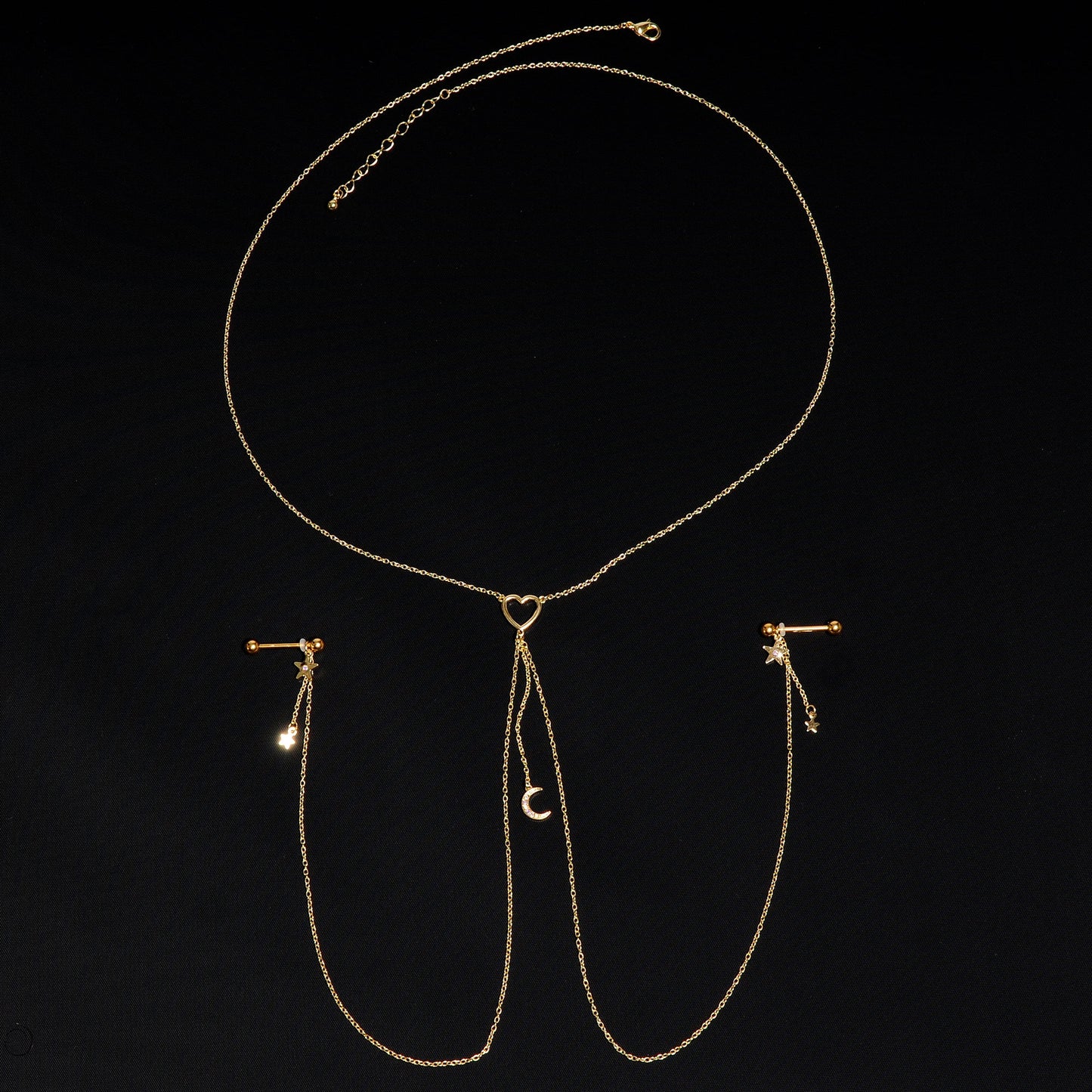14G 5/8 Aurora Gem Gold Tone Heart Star Nipple Chain Necklace