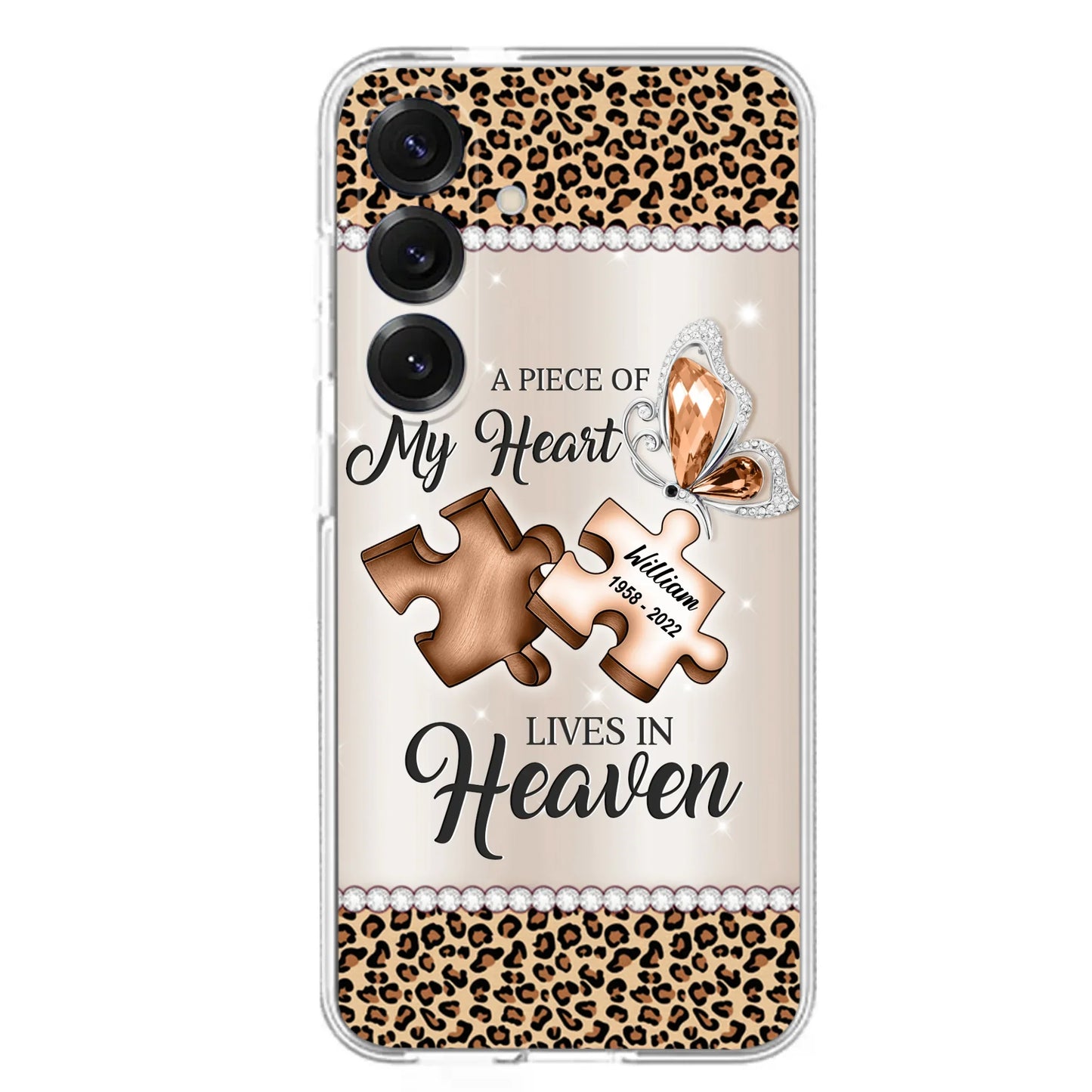 Custom Personalized Memorial Leopard Phone Case - Memorial Gift Idea for Family Member/ Father's Day/ Mother's Day - Case for iPhone/ Samsung - A Piece Of My Heart Lives In Heaven