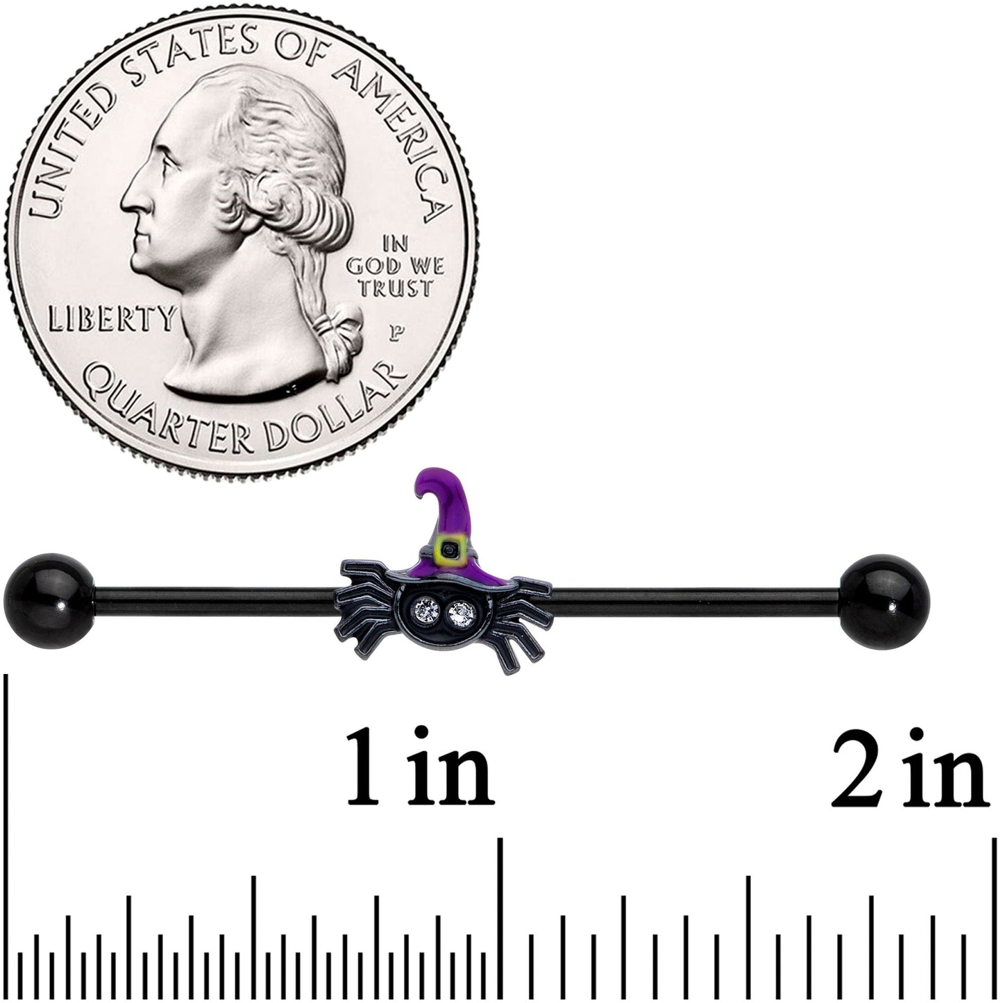 14G Clear Gem Witchy Spider Halloween Industrial Barbell 38mm