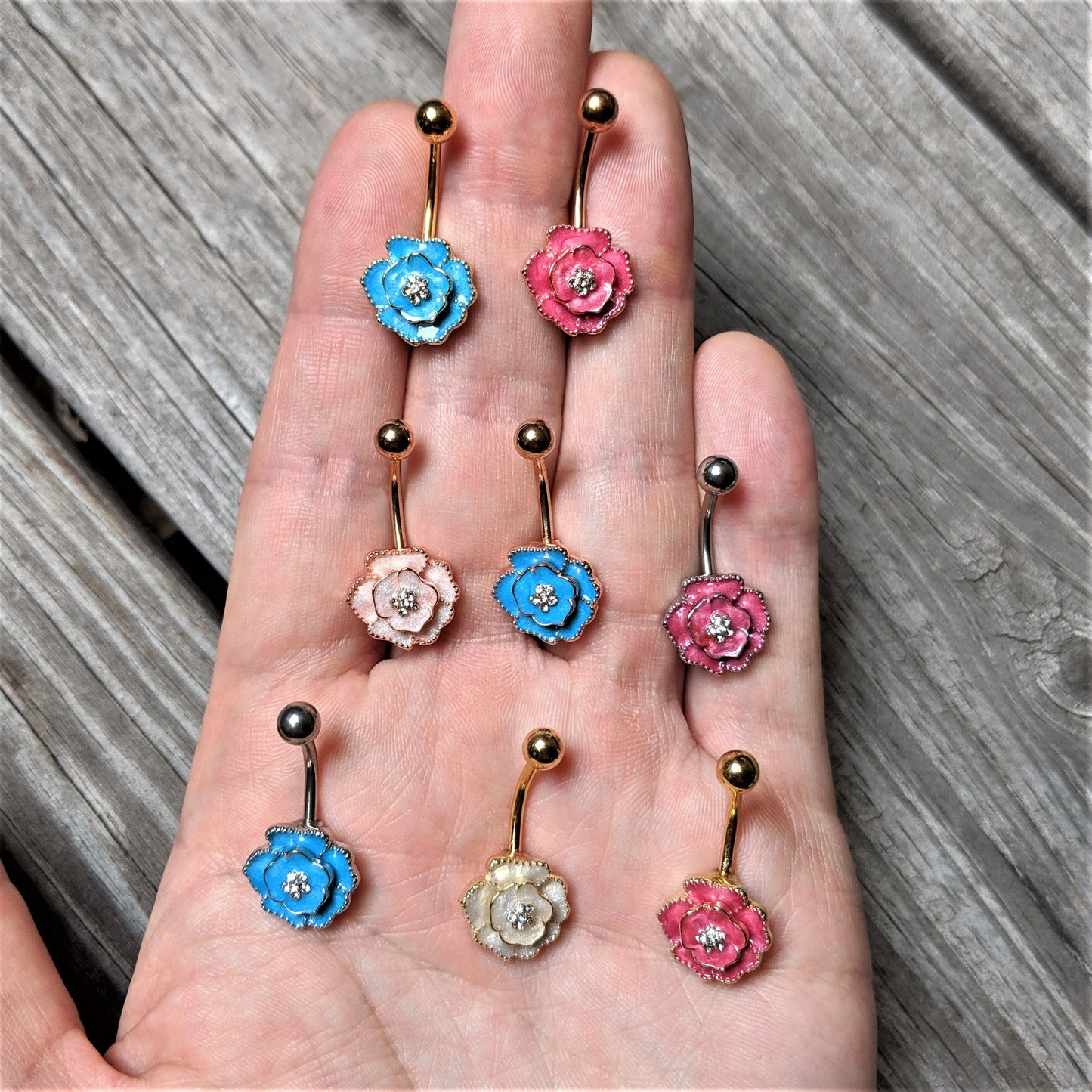 Clear Gem Rose Gold Tone White Rose Reversible Belly Ring