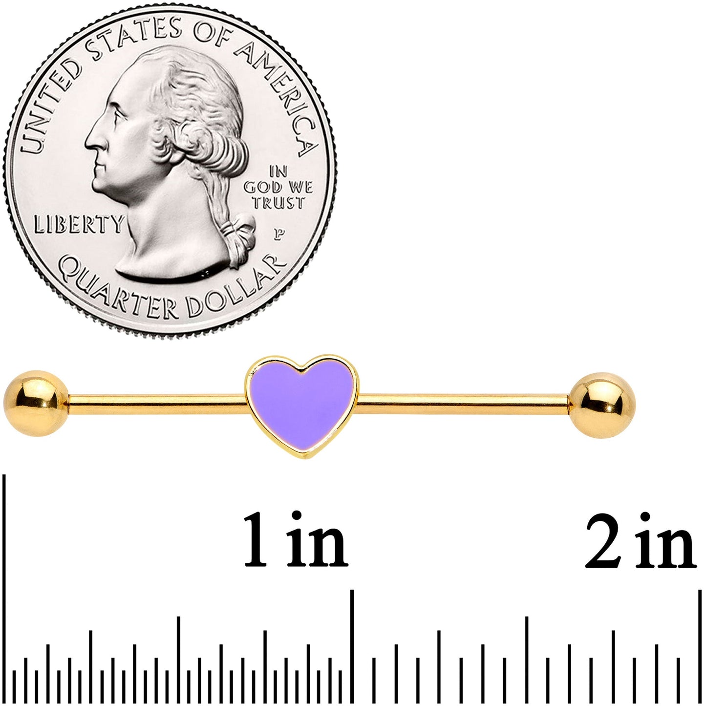 14G Gold Tone Purple Heart Industrial Barbell 38mm