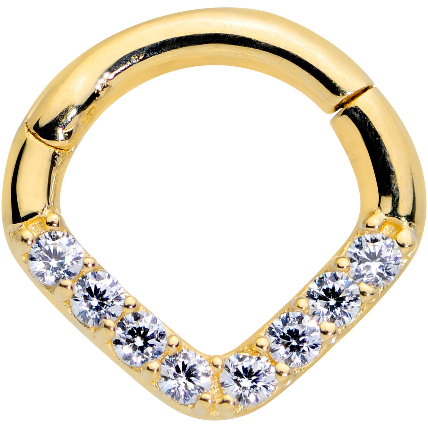 16G 1/4 14k Gold Clear CZ Gem Chevron Hinged Segment Ring