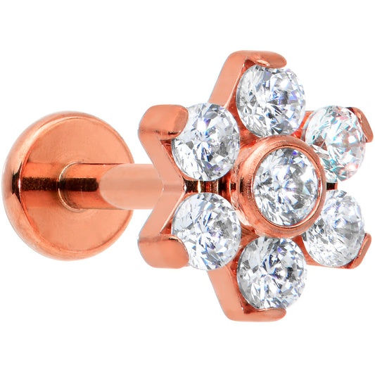 16G 1/4 Clear CZ Gem Rose Gold Tone G23 Titanium Flower Labret