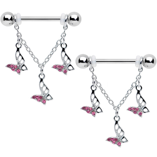 14G 9/16 Pink Gem Open Butterfly Chain Dangle Nipple Ring Set