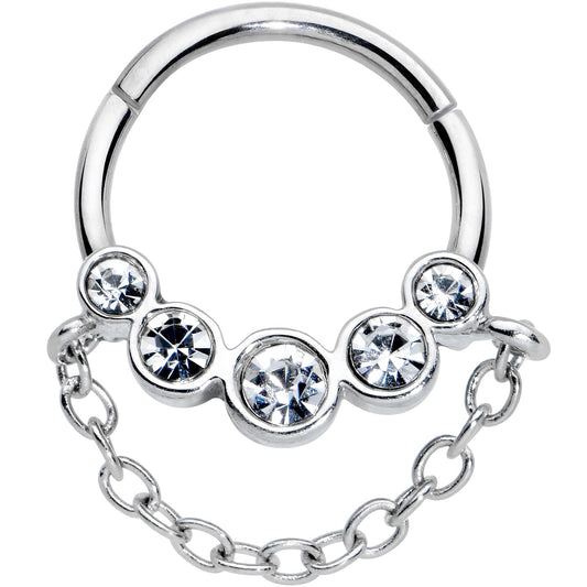 16G 3/8 Clear Gem Trio Chain Dangle Hinged Segment Ring
