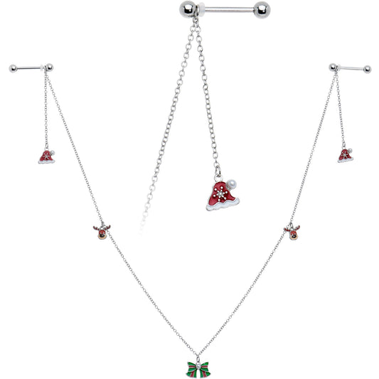 14G 9/16 White Orb Santa Hat Christmas Barbell Nipple Chain Set
