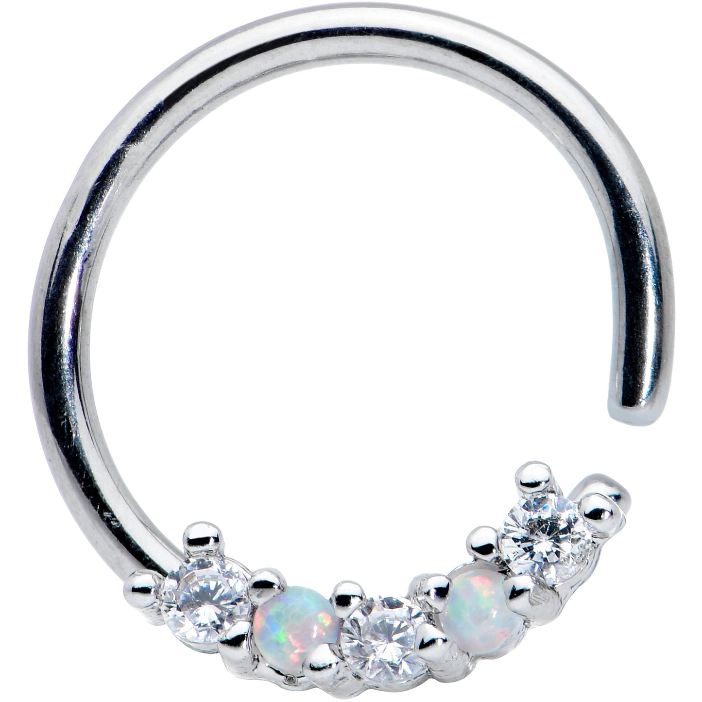 16G 3/8 White Synthetic Opal Clear CZ Gem Style Closure Ring