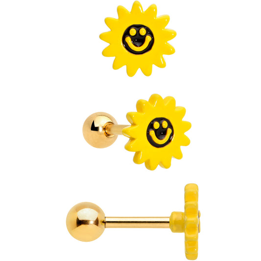 16G 1/4 Gold Tone Bee Smile Flower Cartilage Earring Curation Set of 3