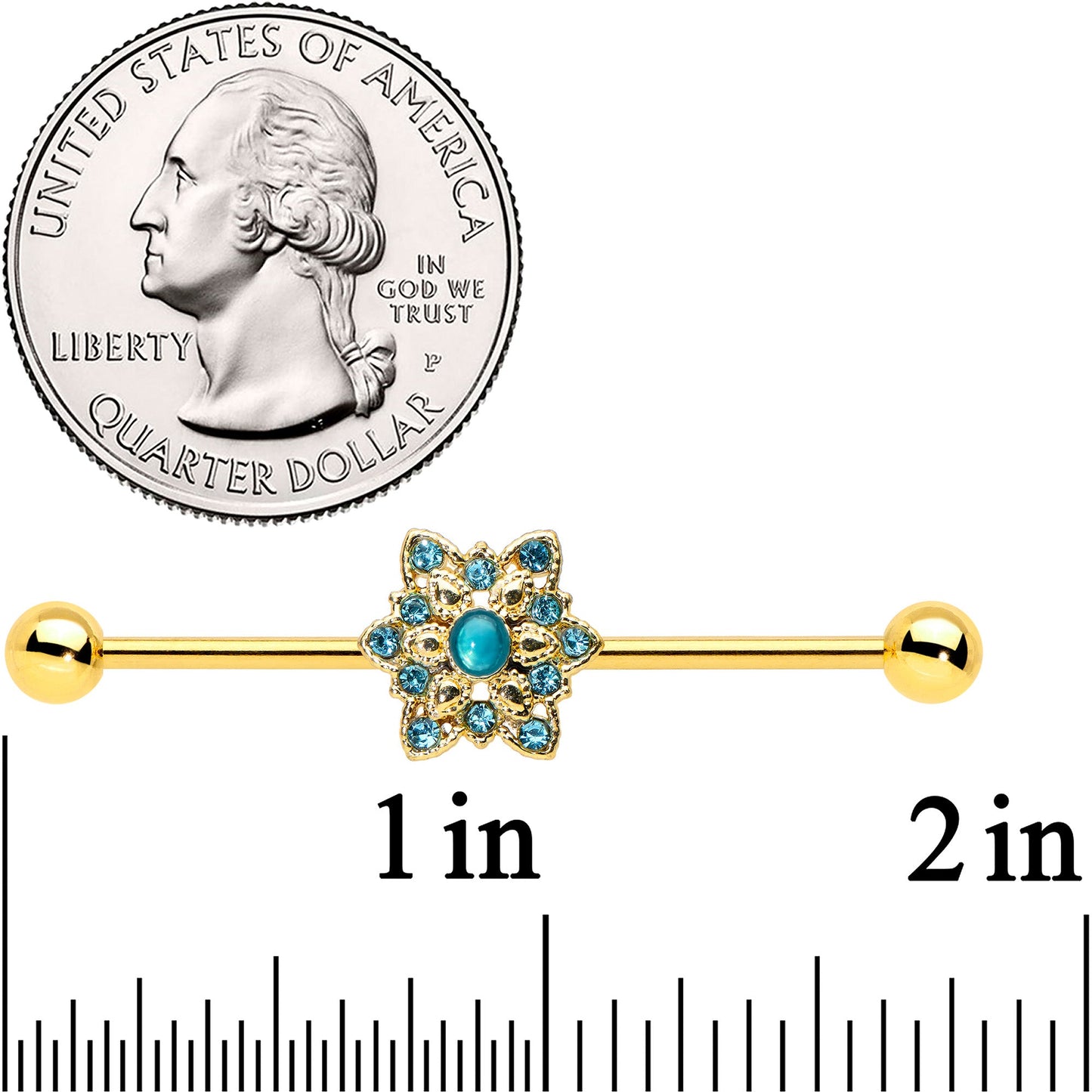 14G Blue Gem Gold Hue Snowflake Christmas Industrial Barbell 38mm
