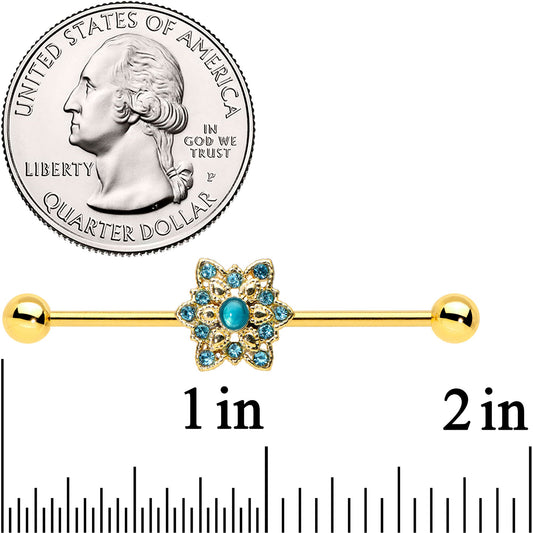14G Blue Gem Gold Hue Snowflake Christmas Industrial Barbell 38mm