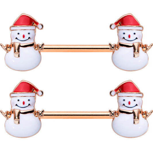 14G 9/16 Rose Gold Tone Smiling Snowman Christmas Nipple Ring Set