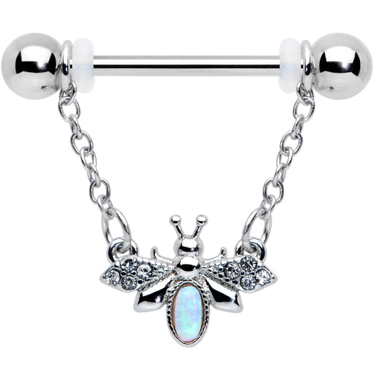 14G 9/16 White Synthetic Opal Chain Dangle Nipple Ring Set