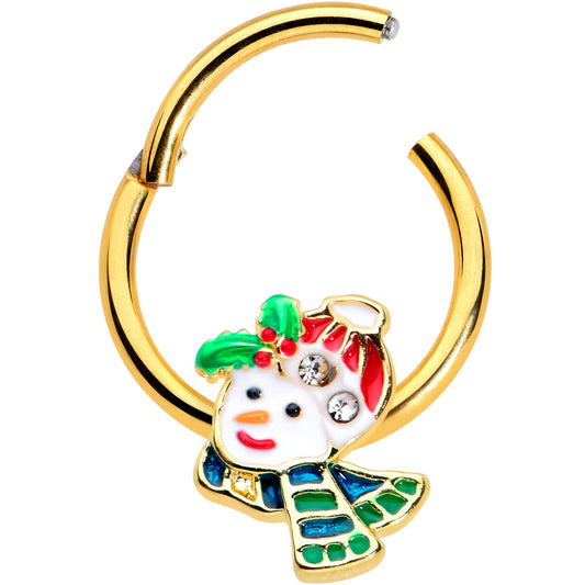 16G 3/8 Clear Gem Gold Tone Happy Snowman Hinged Segment Ring