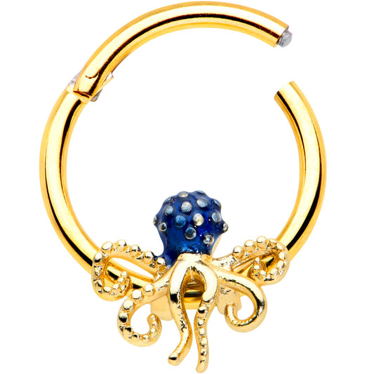 16G 3/8 Gold Tone Textured Blue Octopus Hinged Segment Ring