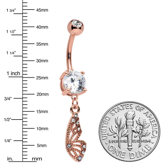 Clear Gem Rose Gold Tone Textured Butterfly Wing Dangle Belly Ring