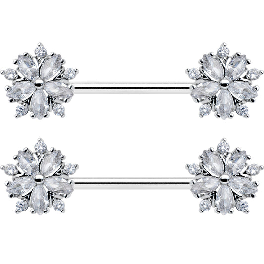14G 9/16 Clear CZ Gem Floral Burst Barbell Nipple Ring Set