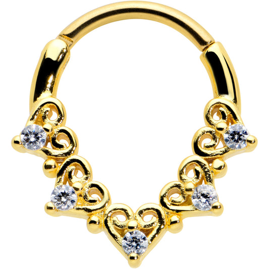 16G 3/8 Clear CZ Gem Gold Tone Heart Filigree Cartilage Clicker