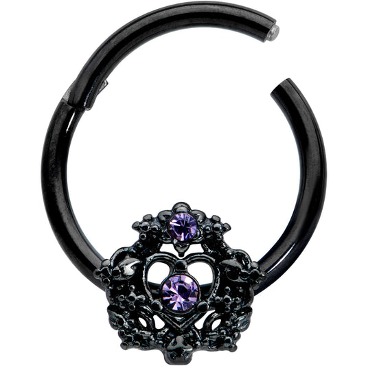 16G 3/8 Purple Gem Black Regal Crown Hinged Segment Ring
