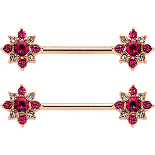 14G Red Gem Rose Gold Tone Rococo Star Barbell Nipple Ring Set