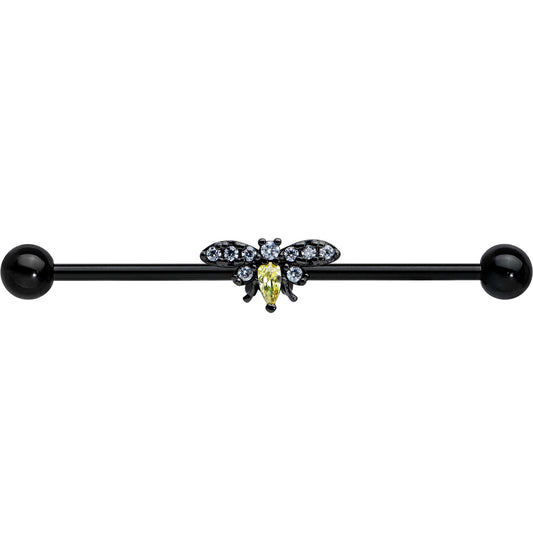 14G Yellow Clear Gem Black Butterfly Industrial Barbell 38mm