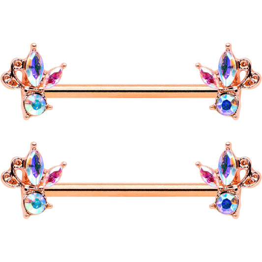 14G 5/8 Aurora CZ Gem Rosy Hue Fleur de Lis Butterfly Barbell Nipple Ring Set