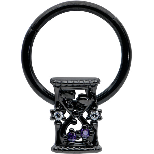 16G 3/8 Purple Gem Black Heart Goth Hourglass Hinged Segment Ring