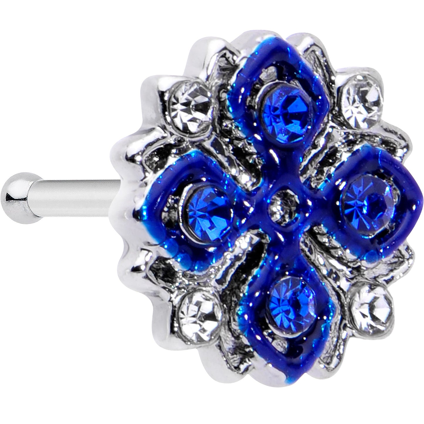20G 1/4 Clear Blue Gem Embellished Cross Nose Bone