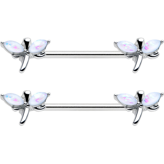 14G 5/8 White Faux Opal Styled Dragonfly Barbell Nipple Ring Set