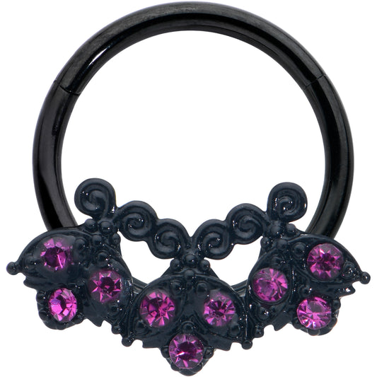 16G 3/8 Pink Gem Black Night Butterfly Trio Hinged Segment Ring