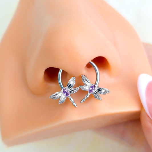 16G 3/8 Purple CZ Gem Open Dragonfly Horseshoe Circular Barbell