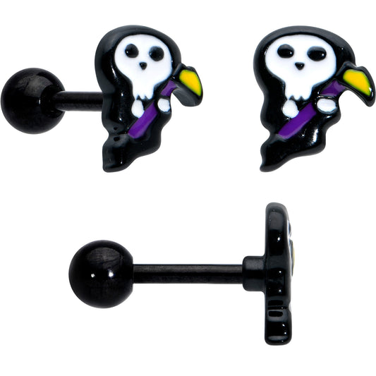 16G 1/4 Black Halloween Skull Bat Reaper Cartilage Earring Set of 3