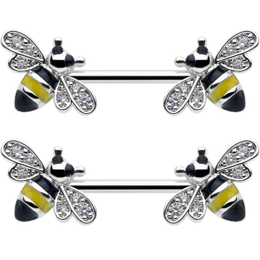 14G 9/16 Clear CZ Gem Honey Bees Barbell Nipple Ring Set