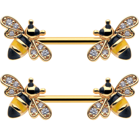 14G 9/16 Clear CZ Gem Gold Hue Honey Bees Barbell Nipple Ring Set