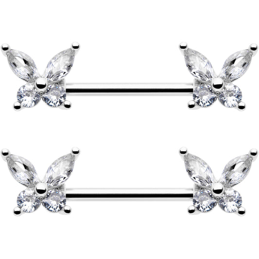 14G 9/16 Clear CZ Gem Butterflies Barbell Nipple Ring Set