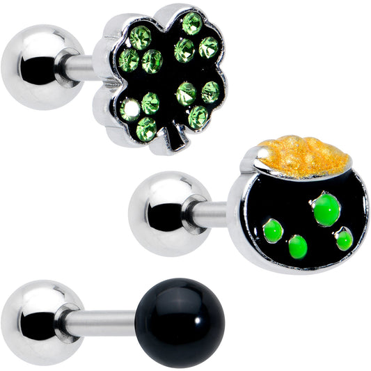 16G 1/4 Green Gem  Shamrock Pot of Gold Cartilage Earring Curation Set of 3