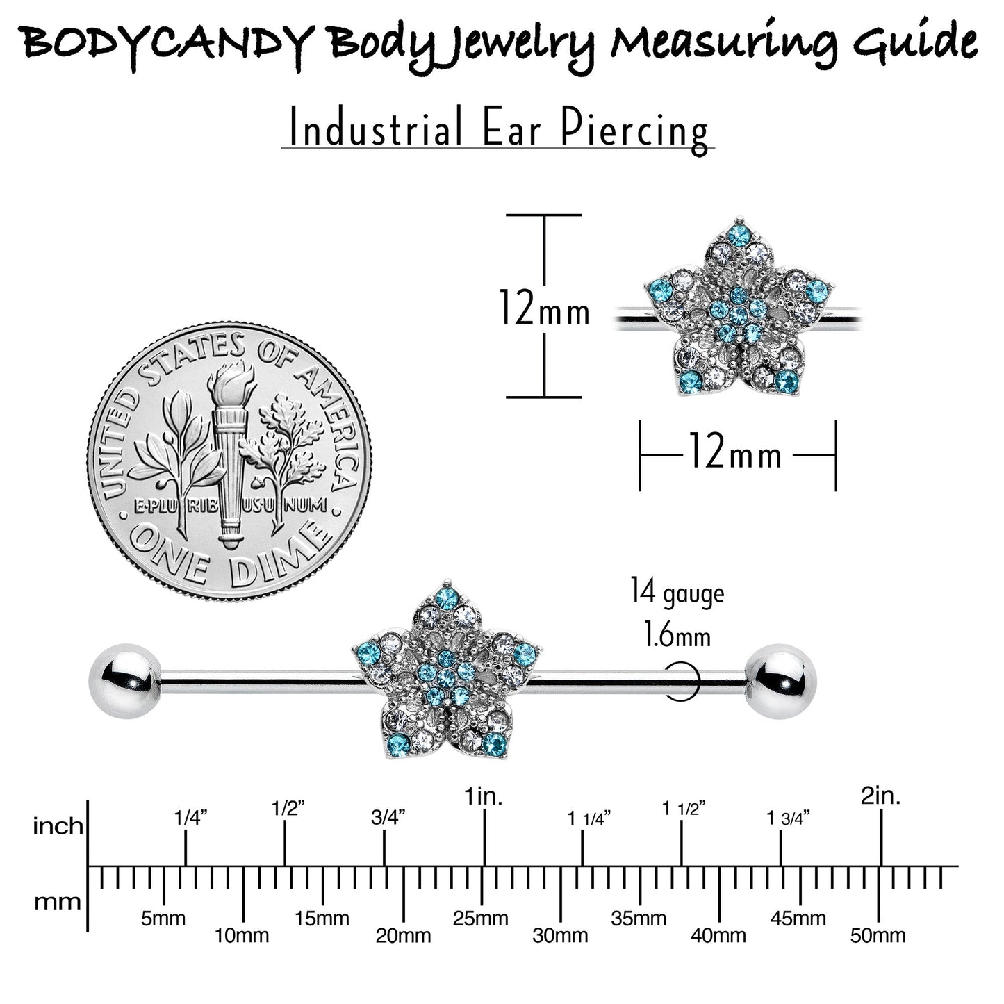 14G Blue Clear Gem Opulent Flower Industrial Barbell 38mm
