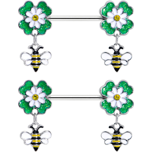 14G 9/16 Yellow Gem Daisy Bee Glittery Barbell Nipple Ring Set