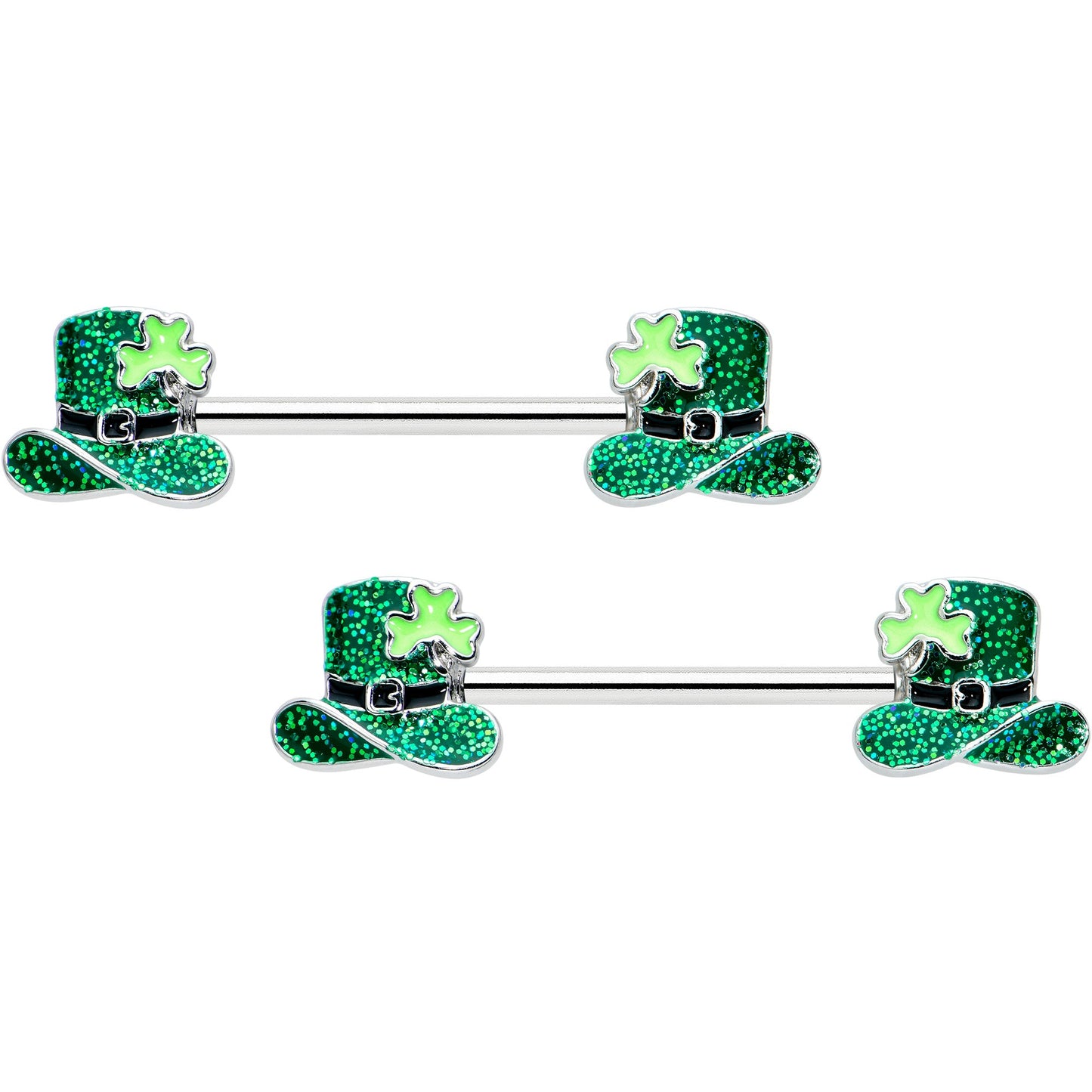 14G 9/16 Glitter Top Hat Shamrock Barbell Nipple Ring Set